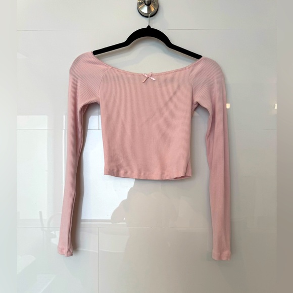 Garage Pink Fitted Crop Long Sleeve Top with bow - Picture 4 of 6